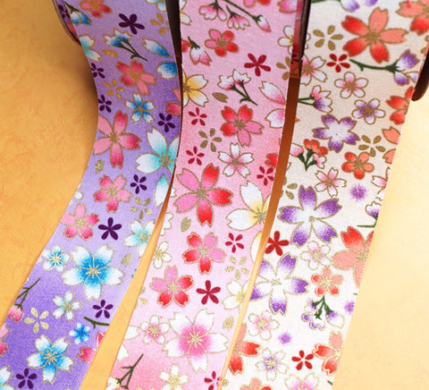 和柄ファブリックリボン裏地加工(桜パステル3色)　4cm/5yard