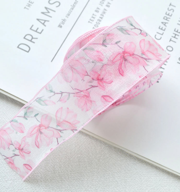 ピンクフラワー柄オーガンジーリボン　4cm/90cm