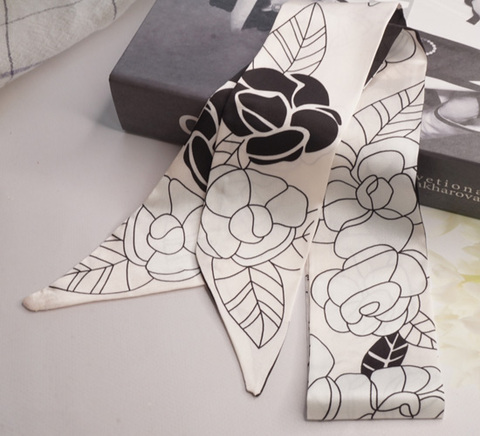 カメリア柄シルク調ミニスカーフ　幅6cｍ