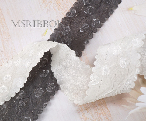 スカラップエッジドット柄＆ラメラインオーガンジーファブリックリボン　3.8cm/90cm
