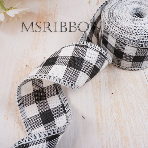 ワイヤー入りギンガムチェックリネンリボン　4cm/1ロール6yard