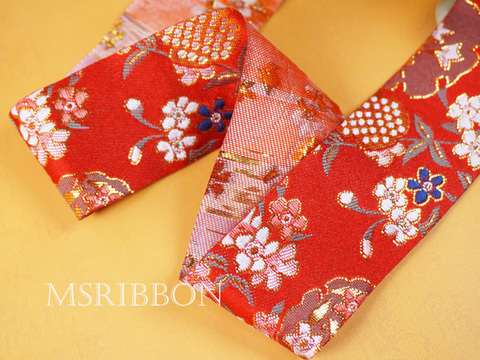 紅ジャガード着物和柄リボン　3.8cm/90cm