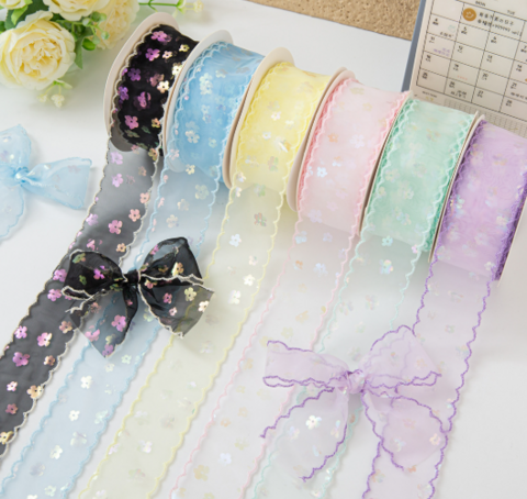 サマーSALE！スカラップエッジオーロラフラワープリントオーガンジーリボン　3.8cm/90cm