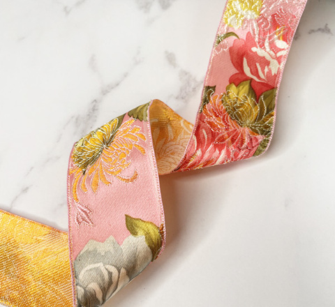 和柄ピンクジャガードリボン　3.8cm/90cm