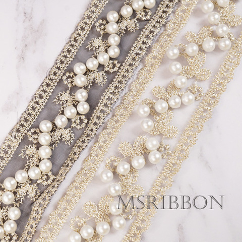 パール付き！ゴールド刺繍レース×オーガンジーリボン　3.8cｍ/90cm