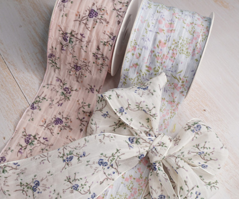 くしゅっとシワ感×小花柄ファブリックリボン　5cm/90cm