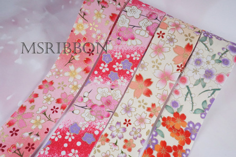 和柄ファブリックリボン裏地加工ロール(ピンク~白系)4cm/5yard
