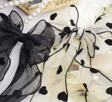 テグス入りフロッキーハート柄オーガンジーリボン　6cｍ/90cm