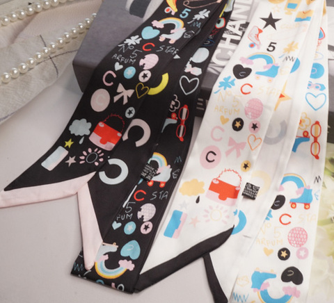 Cocoカラフルラグジュアリーイラスト柄ミニスカーフ　幅5.5cｍ