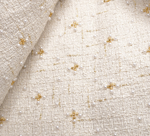 パールビーズ刺繍ツイード生地(ホワイト)　10cm