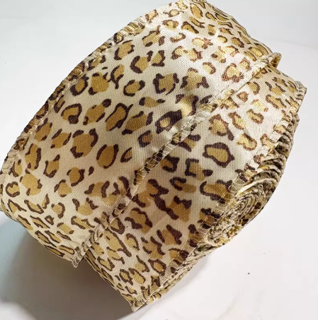 冬物最終クリアランス！ワイヤーエッジレオパード柄サテンリボン　4cｍ/90cm