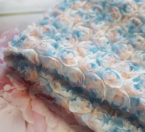ブルー×アプリコットピンクカラー立体ローズレース　6列/90cm