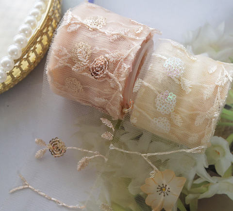 ローズ刺繍チュールレースリボン　5.5cm/90cm