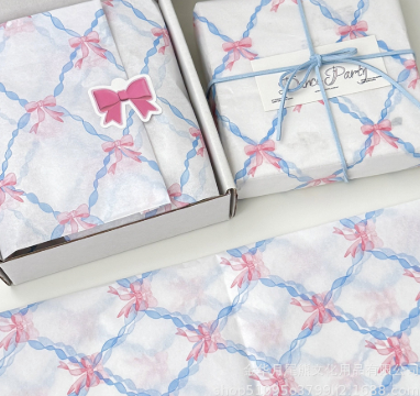 ラッピングペーパー薄紙(ライトブルー×ピンクリボン柄)　50×35cm/10枚