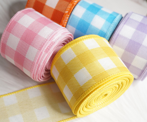 ワイヤーエッジギンガムチェック柄リボン　5.5cｍ/90cm