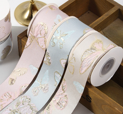 ジャガード着物蝶和柄リボン　3.8cm/90cm