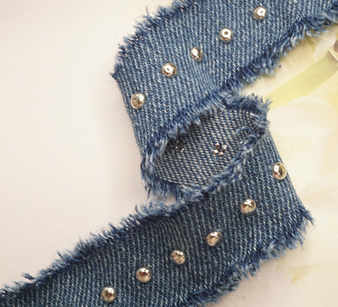 サイドフリンジスタッズ付きデニムリボン　幅2.5cm/90cm