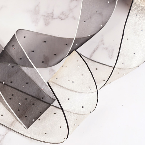 ストーン付きエッジカラーオーガンジーリボン　4cm/90cm