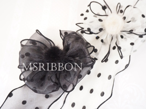 テグス入りブラックエッジフロッキードット柄オーガンジーリボン　6cｍ/90cm