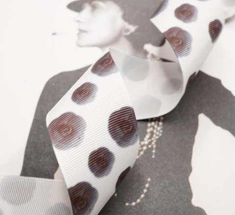 ブラックカメリア柄プリントグログランリボン　38mm/90cm