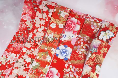 和柄ファブリックリボン裏地加工ロール(赤系)4cm/5yard