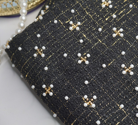 パールビーズ刺繍ツイード生地(ブラック)　10cm