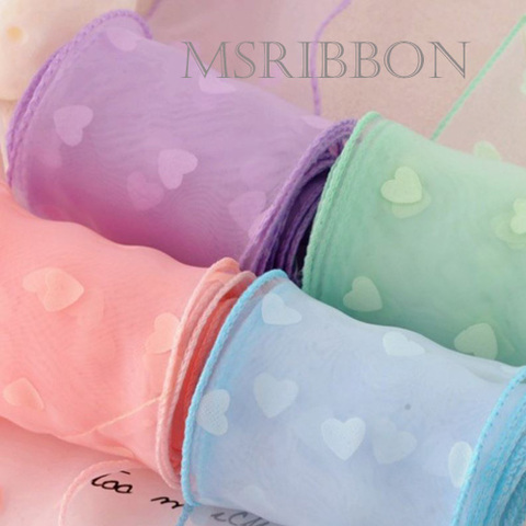 テグス入りキャンディカラーハート柄オーガンジーリボン　6cｍ/90cm