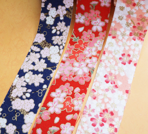 和柄ファブリックリボン裏地加工(桜3色)　4cm/5yard
