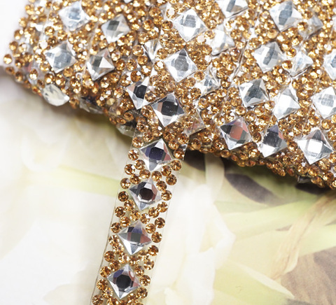 アイロン接着サイドシャンパン×クリア1スクエアストーンクリスタルテープ/幅1cm　40cm