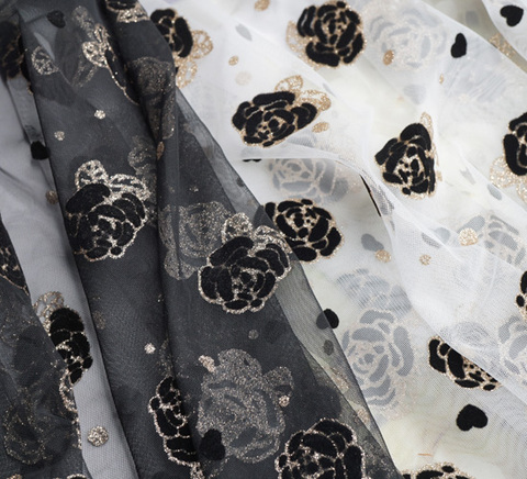 フロッキーローズ＆グリッター柄チュールファブリック　10cm