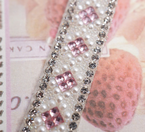 アイロン接着×テープ両用ピンクビジュー＆パールテープ/幅1.2cm　40cm