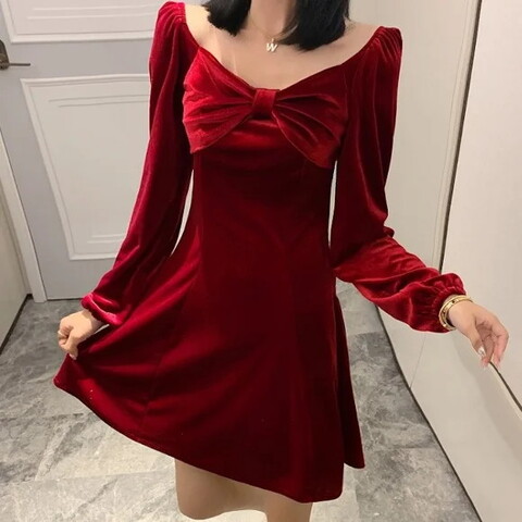 4L 胸元リボンデザイン フレアワンピース