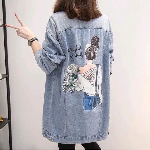 4L Cuteプリント ロング丈デニムジャケット