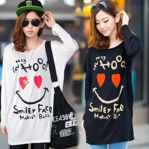 激安☆Cuteスマイル♪ゆったりロングTシャツ
