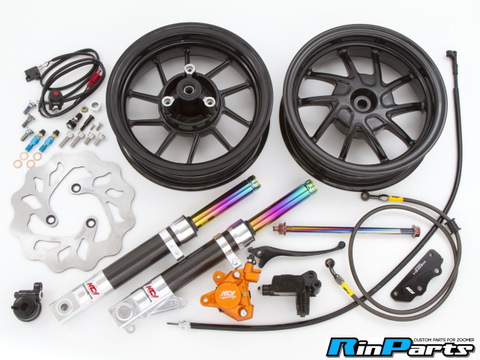 カーボン柄フロントフォーク　ディスクブレーキKIT2 （ブラックホイール、オレンジキャリパー）