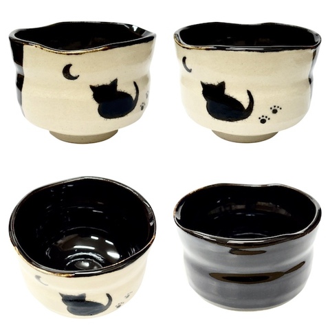 【復刻】青峰堂オリジナル「猫の抹茶碗」〜月と黒猫・黒織部〜【国産・愛知県瀬戸市赤津焼】【ネコ・ねこ】