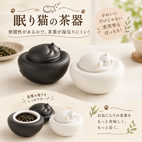 眠り猫の茶器【茶筒／密閉容器】
