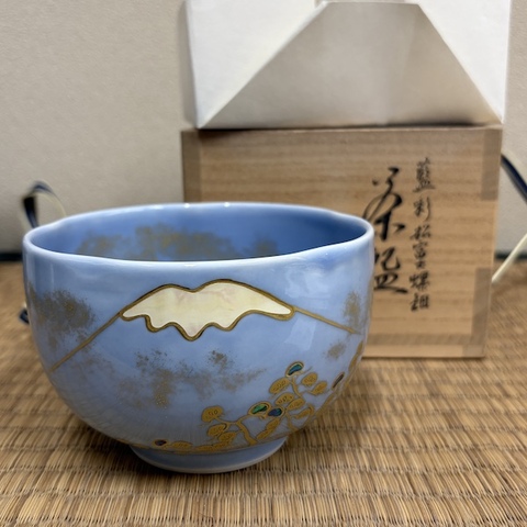 抹茶碗　藍彩松富士螺鈿茶碗（富士山の絵）【林淡幽・作】日本製（Made in Japan）／古物（一点物）