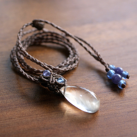 マクラメペンダント☆ホワイトファントムクォーツ・アクアマリン・タンザナイト