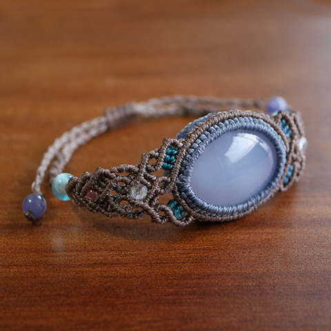 マクラメブレスレット☆大粒 トルコ産 天然ブルーカルセドニー