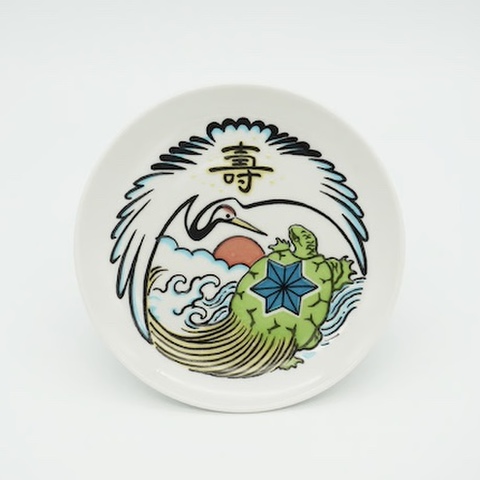 九九谷 / ５寸 丸皿（鶴亀）　Kads MIIDA & 野坂 稔和