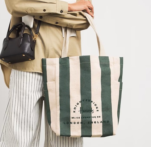Harrods　新作　ハロッズ麻ストライプロゴトートバッグ　Mサイズ　Jute Striped Logo Tote Bag