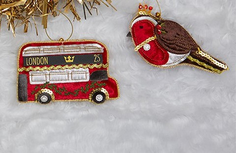 英国ウエストミンスターアビークリスマスオーナメント2個セット 　ロンドンバスとクリスマスロビン
