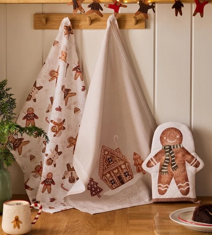 クリスマスジンジャーブレッドティータオル2枚とオーブンミットキッチン3点セット Christmas Gingerbread Oven Mitt and Tea Towel Bundle