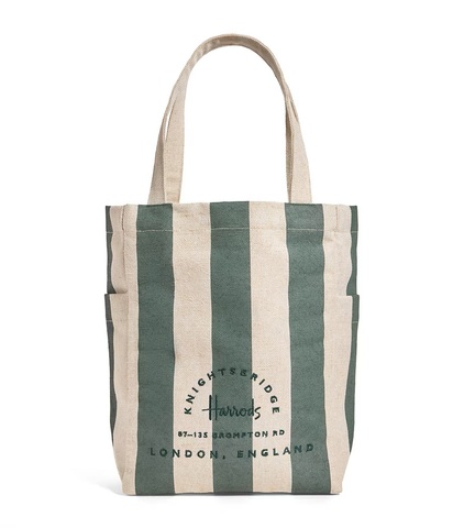 Harrods　新作　ハロッズ麻ストライプロゴトートバッグ　Mサイズ　Jute Striped Logo Tote Bag