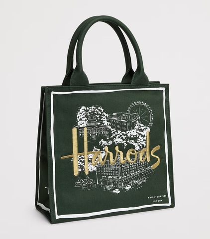 ハロッズ新着バッグ　Harrods ハロッズグリーン　ロゴ刺繍入り　ロンドン物語トートバッグ