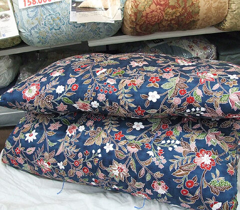 西川紬サテン手作り綿寝具（青）上下組