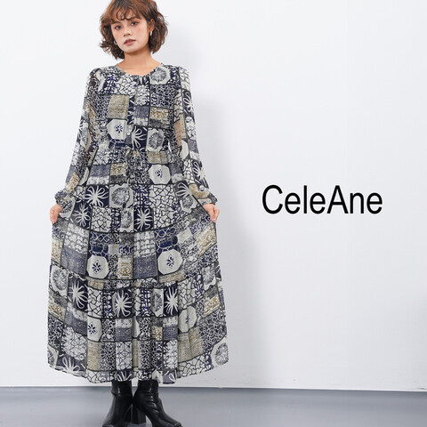 タイル柄のシフォンワンピース