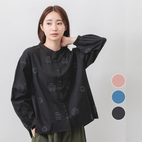 インド綿のバンドカラー刺繡ブラウス