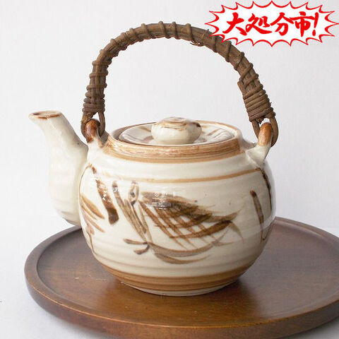 アンティークな土瓶/古い骨董/薄茶虫柄/魚柄文字紋素敵な古い時代の土瓶/少々難あり